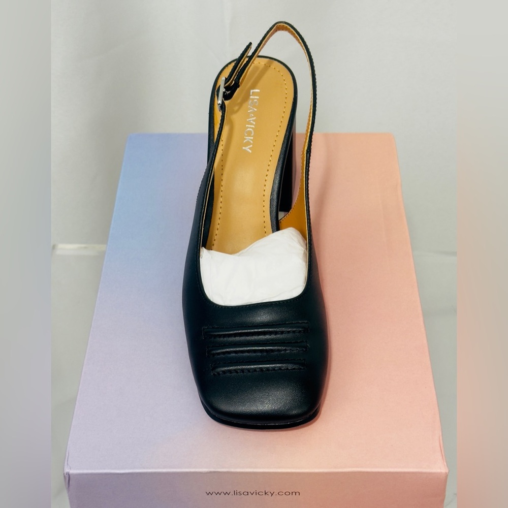 Lisa Vicky Black Chic Sturdy Closed Square Toe Slingback Block Heels US 8M. NWT - Picture 10 of 13